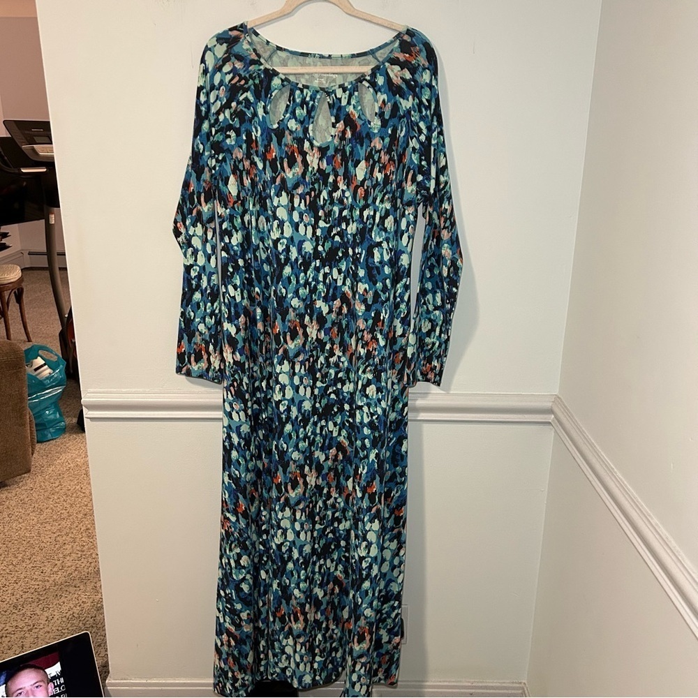 Soft Surroundings Elena mp Blue Geometric Print Long Sleeve Maxi Dress Size XL
